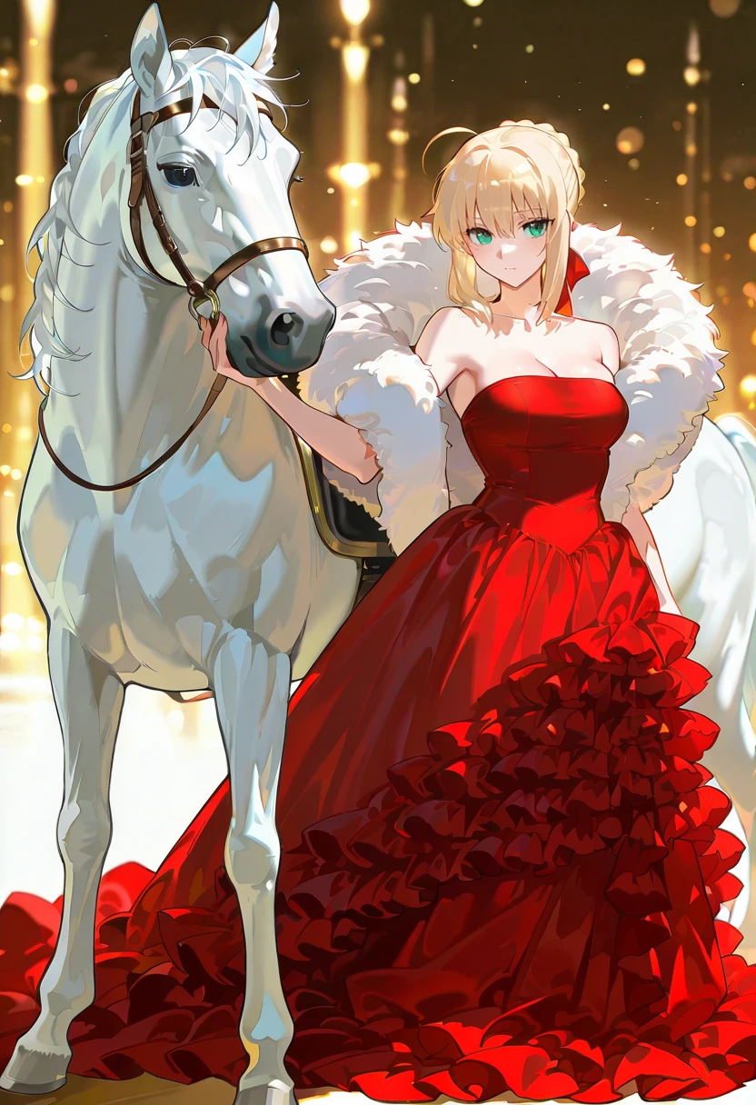 1girl,solo,looking at viewer, echo (circa),ft gown, red dress, fur trim, strapless, frills, saber_(fate),horse,