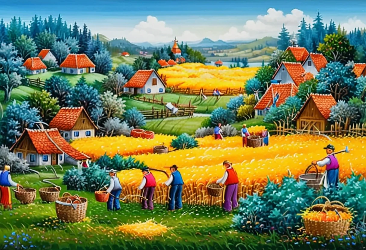 dr4g4n, style of dr4g4n,,A colorful and vibrant naÃ¯ve art painting of several men harvesting hay in a wide-open field under a bright, sunny sky. The men are depicted with simplified, almost childlike features, wearing straw hats, plain shirts, and pants, each holding tools like scythes or pitchforks. The golden hay, green grass, and blue sky are rendered in bold, saturated colors with minimal shading. In the background, a wooden cart piled high with hay is pulled by oxen, while small cottages and trees dot the horizon. The composition is lively and cheerful, with exaggerated proportions and a playful sense of perspective that emphasizes the rural sceneâs warmth and simplicity. <lora:dr4g4n:1>,<lora:SDXLFaeTastic2400:0.4> <lora:extremely_detailed:0.4> extremely detailed, Masterpiece,best quality,hi res,8k,hi res,8k,award winning,(sharp focus, intricate, highly detailed),