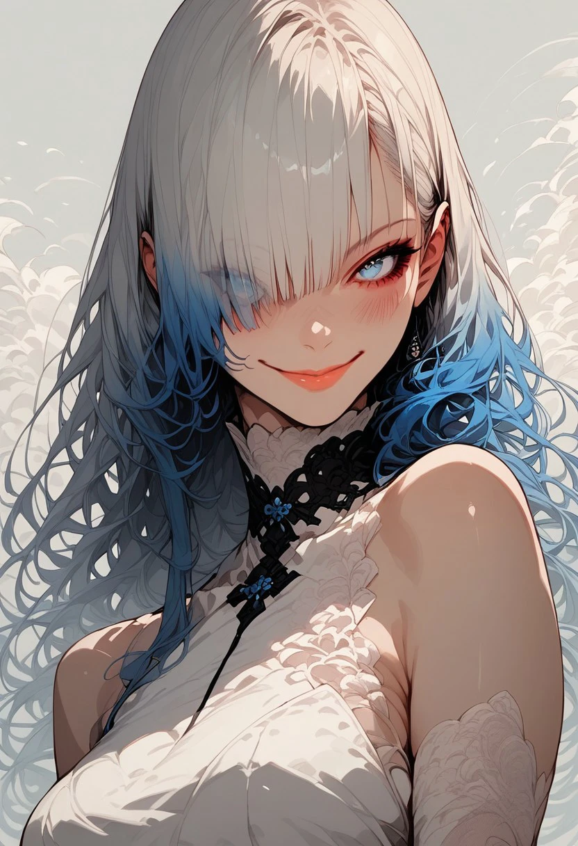 score_9, score_8_up, score_7_up, p1n04rtstyl3,pinoartstyle,pino art style, rating_safe, 1girl, solo, long hair, breasts, looking at viewer, blush, smile, bangs, blue eyes, large breasts, black hair, closed dress, gloves, dress, bare shoulders, closed mouth, blue hair, upper body, multicolored hair, elbow gloves, hair over one eye, collar, lips, gradient hair, red lips,