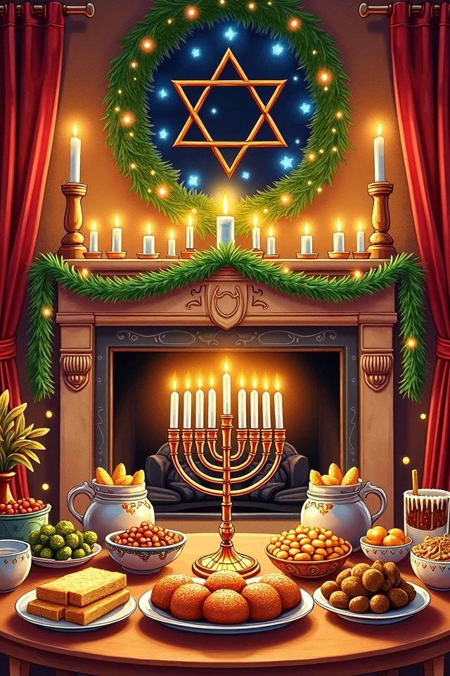 illustration hanukila style, more warmth and depth, with the fireplace and festive wreath contributing to the cozy ambiance. The menorah’s glow complements the beautifully arranged traditional foods, making this scene lively and rich in detail.
<lora:Hanukkah_Illustration_Flux:0.5>