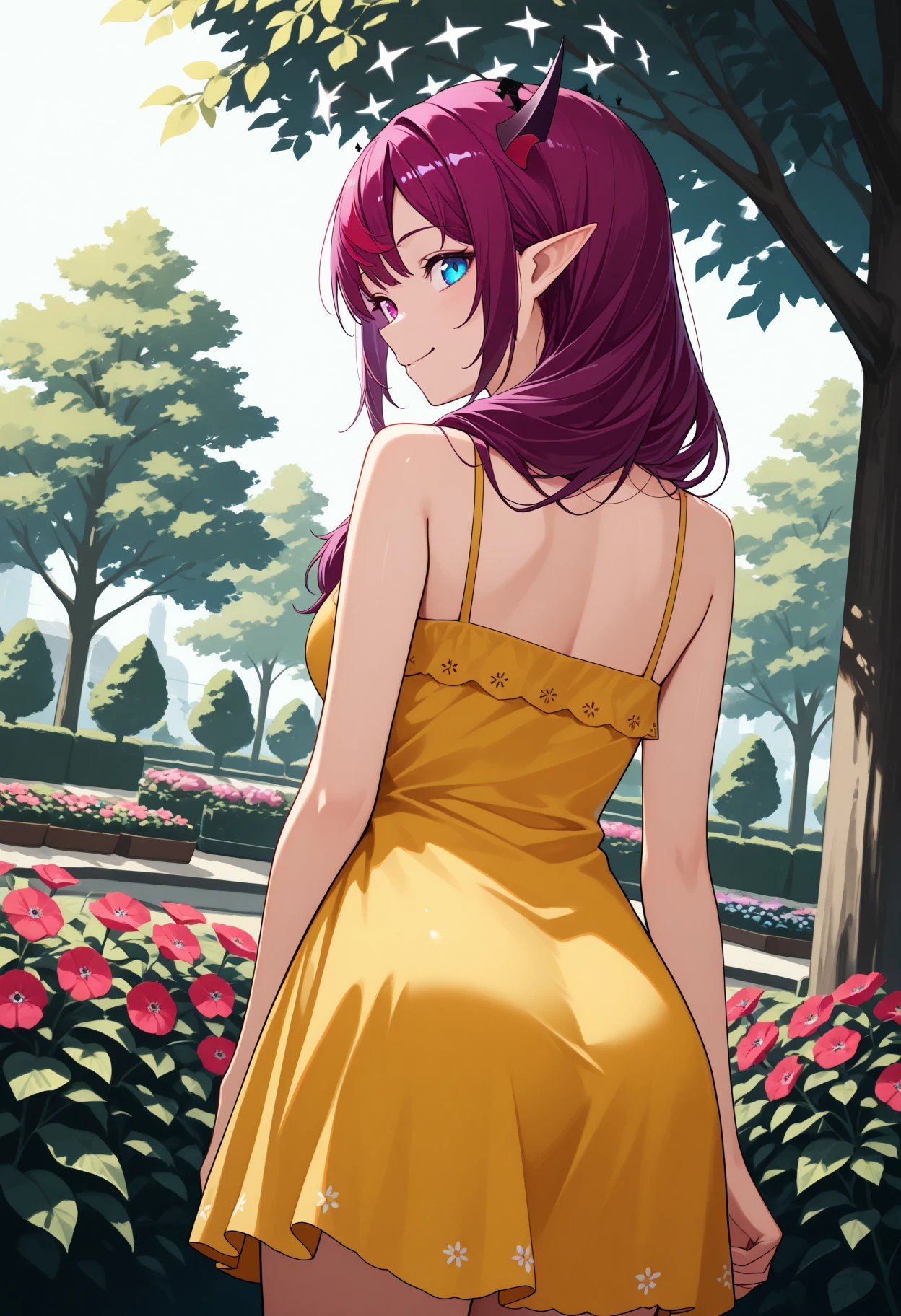 masterpiece, best quality, 1girl, solo, 1RyS, heterochromia, purple eye, blue eye, horns, double halo, multicolored hair, purple hair, long hair, from behind, hair over shoulder, looking back, smile, yellow sundress, sleeveless, back, outdoors, garden, plant, flower, tree, cowboy shot, dutch angle, wide shot, <lora:ChamIRySIllustriousXL:1>