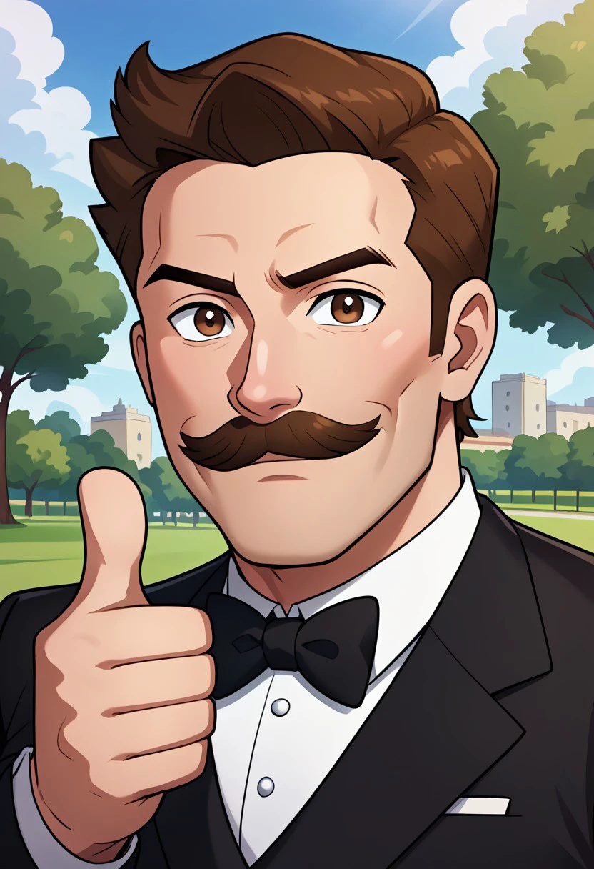 park neighborhood, park background, day, day time, 2d, 1male, masterpiece, best quality, extreme detail, brown hair, pale-skinned male, mustache, black tuxedo, tuxedo, thumbs up, brown eyes, black bowtie, bowtie,
close up, upper body, blank expression, looking at viewer