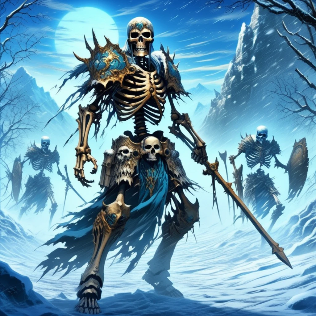 anime artwork skellies,  skeletal warrior, in full armor, marching through a snowstorm, icy ground, shattered shields, distant mountains, wide shot, cold blue lighting, harsh shadows, cinematic realism, battle-hardened  <lora:Skeletal Warriors- sdxl1.0:1> . anime style, key visual, vibrant, studio anime,  highly detailed