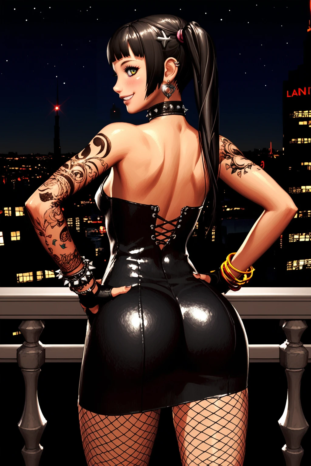 score_9, score_8_up, score_7_up, masterpiece, high quality, extreme detail, absurdres, (detailed skin texture) BREAK render 3d
<lora:HanaPonyv2Lora:0.8>Hana, twintails, short hair, tattoos, earrings, choker, short dress, bracelet with spikes, fingerless gloves, fishnet pantyhose,sunny, hands on hips, smile, balcony, city scape, sundown
<lora:Blade&SoulPonyLyco:1> bns, from behind, ass, looking back, blush, night club, neon lights, dark background,