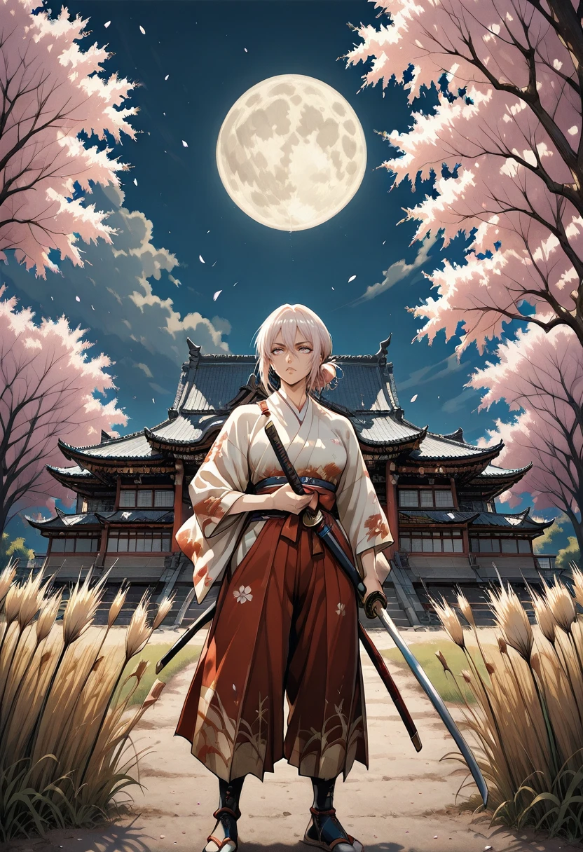 1girl, gc_lynway  <lora:Lynway:0.8>,  vintage style, samurai, japanese clothes, cherry blossoms, japanese castle, holding weapon, katana, moon, night, Japanese pampas grass,