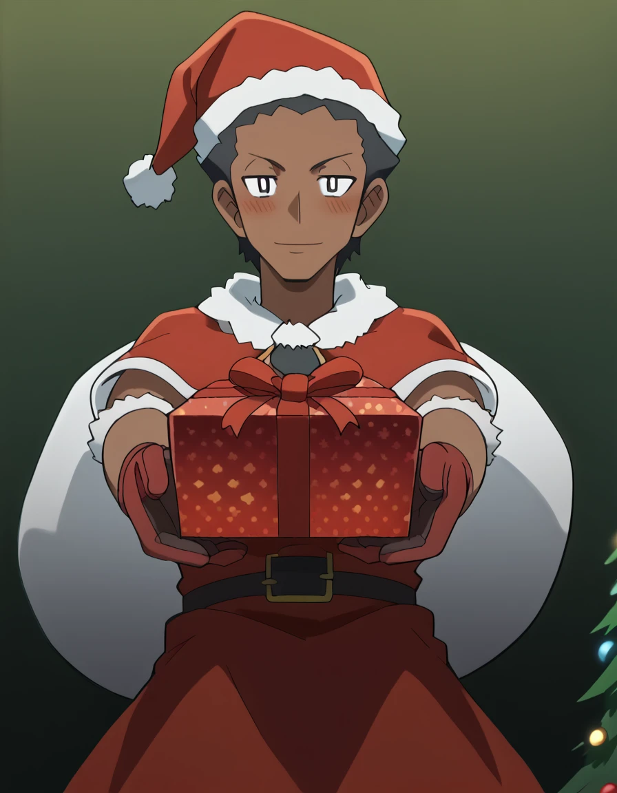 score_9, score_8_up, score_7_up, source_anime, <lora:pokemon-grant-anime-ponyxl-lora-nochekaiser:1>, grant, male focus, dark skin, dark-skinned male, short hair, bright pupils, black eyes, white pupils, anime screencap, <lora:santa-costume-ponyxl-lora-nochekaiser:1>, santa costume, santa hat, christmas, sack, merry christmas, gift, fur-trimmed headwear, holding sack, santa dress, fur-trimmed dress, christmas tree, christmas tree, fur trim, red capelet, gift box, red gloves, fur-trimmed capelet, santa gloves, red hat, hat,, smile, blush, looking at viewer, <lora:incoming-gift-ponyxl-lora-nochekaiser:1>, incoming gift, outstretched arms, holding, holding gift, gift, gift box,, , dutch angle, cowboy shot