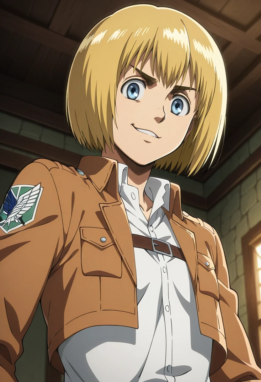 masterpiece, best quality, , anime screencap, , official style, looking at viewer, , 1boy, solo, male focus, <lora:armin_arlert_ilxl:0.94>, armin_arlert, blonde hair, blue eyes, short hair, bob cut, , paradis military uniform, from below, bedroom, (plush), indoors, villain pose, smirk,