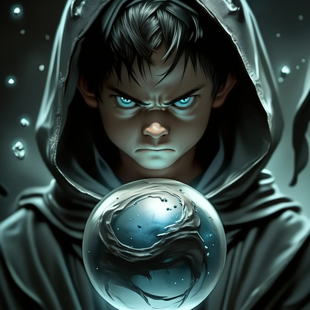 ArsMJStyle, Eldritch Sci-Fi, The image is a portrait of a young man wearing a black hooded cloak with a hood that covers his head. He is holding a crystal ball in his hands and appears to be in the process of casting it into the air. The man has long dark hair and is looking directly at the camera with a serious expression on his face. The background is dark and filled with stars and nebula giving the impression of a mystical and mystical atmosphere. The colors are vibrant and the overall mood of the image is intense and powerful., 1girl, solo, hood, blue eyes, black hair, looking at viewer, hood up, robe, upper body, realistic