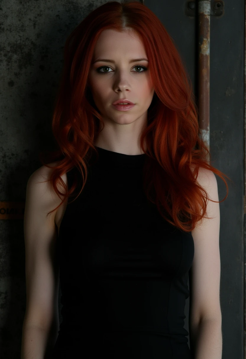 This is a high-resolution photograph of a woman with long, wavy, red hair cascading over her shoulders. She has fair skin and mesmerizing eyes. Her facial features are symmetrical, with a slightly pouty lips and a neutral expression. She is wearing a sleeveless, black dress made of a smooth, matte fabric that clings to her upper body, highlighting her slender frame. The dress has a simple, elegant design with a high neckline that adds a touch of sophistication to her look.

The background is a textured, industrial wall with a mix of black and gray tones, giving a gritty, urban feel to the image. The wall has visible signs of wear and tear, including scratches and patches of rust, adding to the raw, edgy atmosphere. The lighting in the photograph is soft, casting gentle shadows that accentuate the contours of her face and the texture of her hair. The overall mood of the image is serious and contemplative, with a hint of mystery due to the dark, moody background. The photograph captures a blend of natural beauty and urban grit, creating a striking and memorable composition. 4R13L