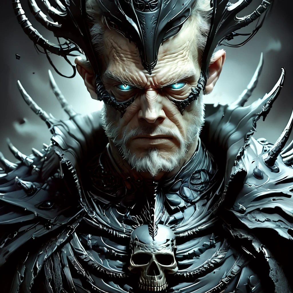 Score_9, score_8_up, score_7_up, score_6_up, BREAK <lora:Eldritch_Sci-FiPony:1> ArsMJStyle, Eldritch Sci-Fi, The image shows an animated man wearing a black costume with a skull on his chest set against a dark background. He appears to be a character from the game Dark Souls III: The Ringed City., 1boy, male focus, solo, facial hair, armor, beard, glowing, blue eyes, glowing eyes, looking at viewer