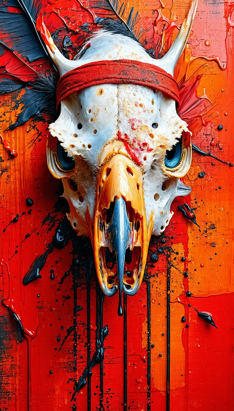 The image presents a striking illustration of a bird's head, rendered in a realistic style. The bird's head is the central focus, with a blue body and a white skull. The skull is adorned with a red band, adding a pop of color to the otherwise monochrome image. The bird's beak is a deep blue, contrasting with its black eyes. The background is a vibrant red, providing a striking backdrop to the bird's head. The image is filled with dripping red paint, creating a sense of movement and energy.