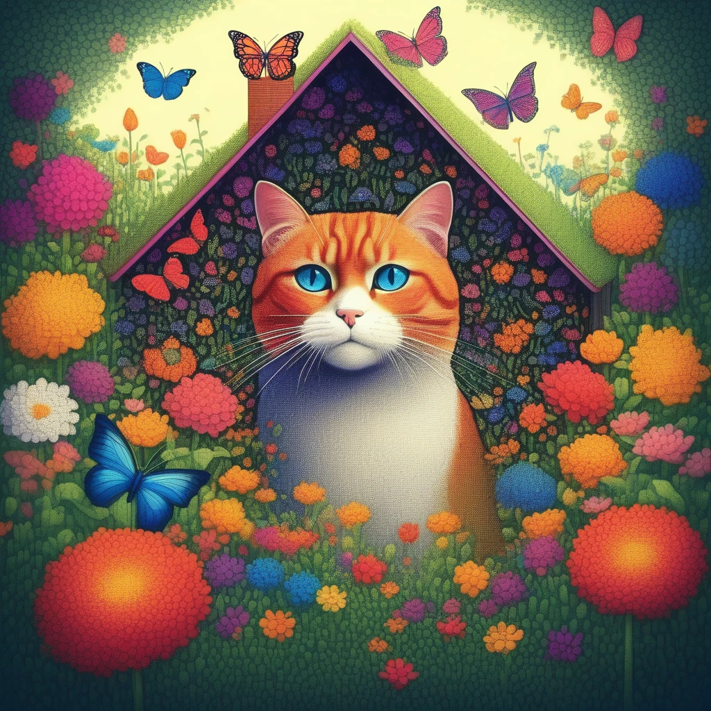 granulated prism style, cat, garden, flowers, butterfly, house