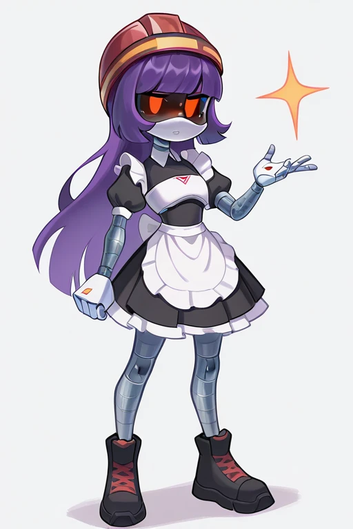 masterpiece, best quality, 2D, 1girl, solo, D0ll, Purple Hair, Red Eyes, Robot, Visor, red helmet, maid outfit