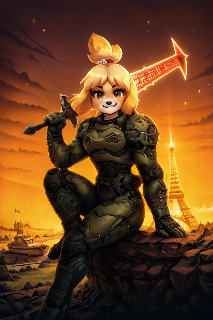 masterpiece, best quality, eyelashes, (beautiful eyes),  solo,   zzIsabelleDoom, brown eyes, topknot, dog ears, looking at viewer, smile, smirk, power armor, weapon over shoulder, power armor, energy sword, crucible (doom), science fiction, sunset, retro artstyle, poster (medium), movie poster, side view,   zzEiffelTower in background, sitting, watercraft, boat, sitting on wall, side view, looking at viewer, smile,  BREAK,  blooming stars, luminescent petals, otherworldly fragrance blurry background,   <lora:SDXLFaeTastic2400:0.5>, <lora:EiffelTowerIXL_v2:0.8>,  <lora:IsabelleDoomSlayerIXL:1.0>,