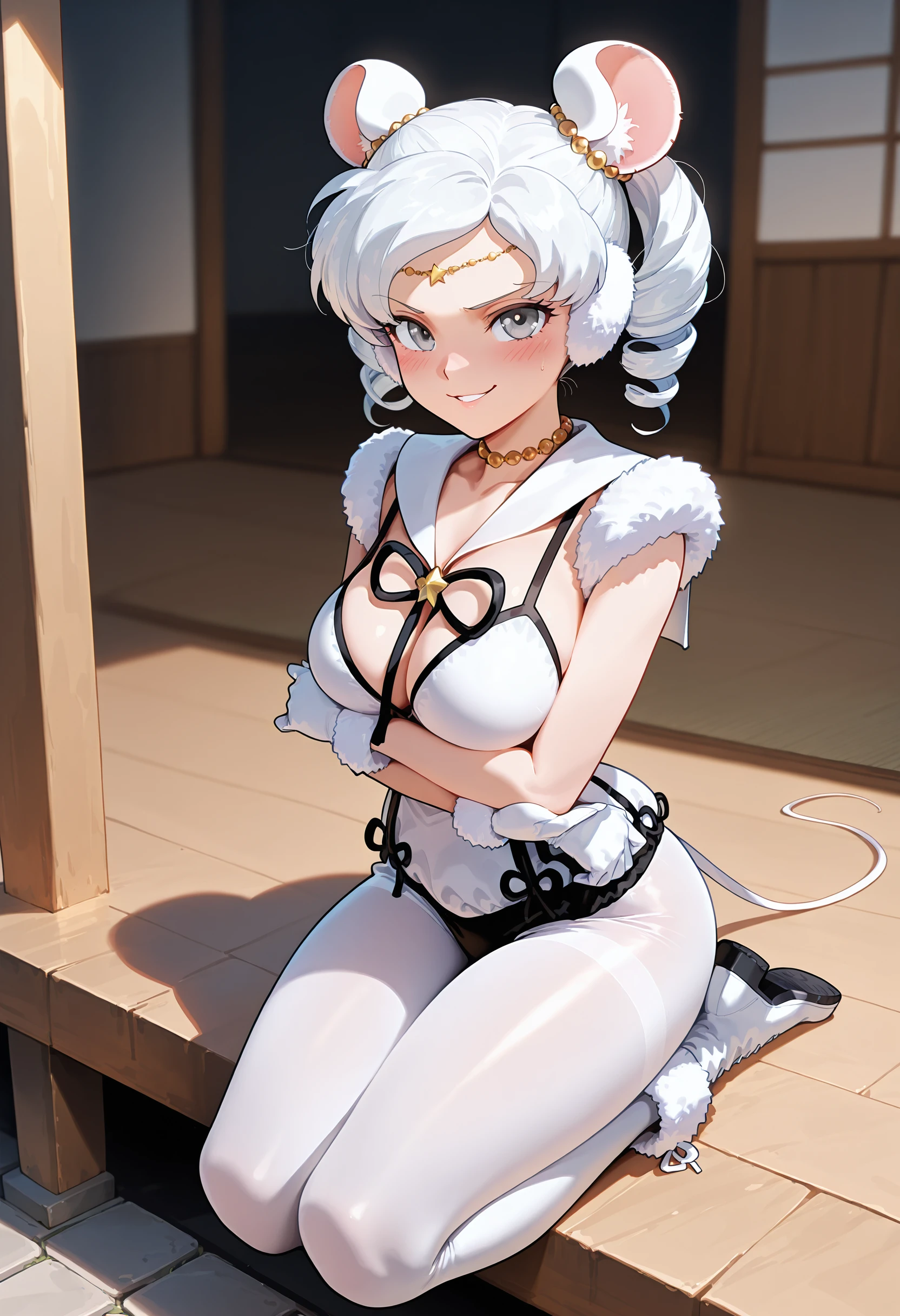 1girl,woman, smile, cowboy shot, <lora:SailorIronMouse_Illustrious:1>, full body, sailor_iron_mouse, white hair, grey eyes,white boots,plush cuffs, gloves, medium breasts,standing, plush trim, white boots, parted lips, fur trim boots, outside, drill hair, thighs, large breasts, ear blush, seiza,white pantyhose, secretly looking at viewer, smirk, smile, porch, squeeze breasts,, masterpiece,best quality,absurdres, amazing quality,