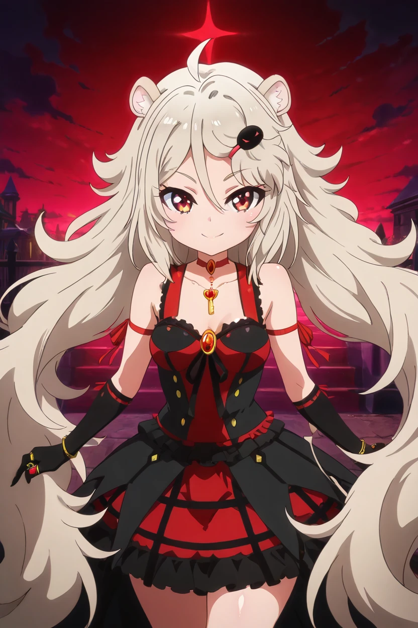 masterpiece, best quality, solo, curvy, beautiful eyes,zzAilane, red eyes, ahoge, blonde hair, grey hair, hair ornament, hairclip, long hair, hair between eyes, animal ears, animal ear fluff,  dress, ribbon, bare shoulders, jewelry, frills, choker, black gloves, elbow gloves, necklace, ring, cross, lion ears,  <lora:Ailane_ShowByRock_IXL:1.0>, from above, dynamic pose, cowboy shot, smile, looking at viewer, shiny skin,