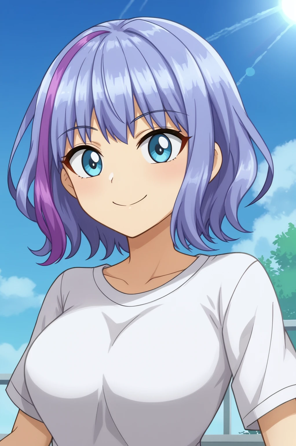 <lora:Kukuri_TomoVER2:0.8> anime screencap, blue hair, purple hair, multi-colored hair, Kukuri Tomo, upper body, smile