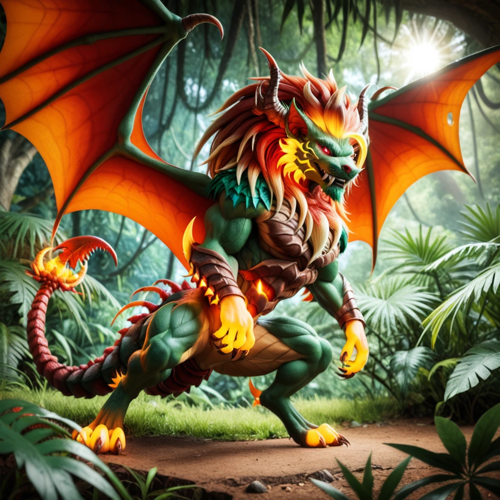 Role-playing game (RPG) style fantasy <lora:manticores- sdxl1.0:1> mantik, manticore, red bat wings, ((scorpion sting)),  bat wings spread wide, scorpion tail, prowling through an overgrown jungle, emerald-green fur with golden highlights, tail sweeping leaves aside, glowing red eyes, shafts of sunlight piercing the canopy, low-angle shot, vibrant natural tones, dynamic and predatory . Detailed, vibrant, immersive, reminiscent of high fantasy RPG games