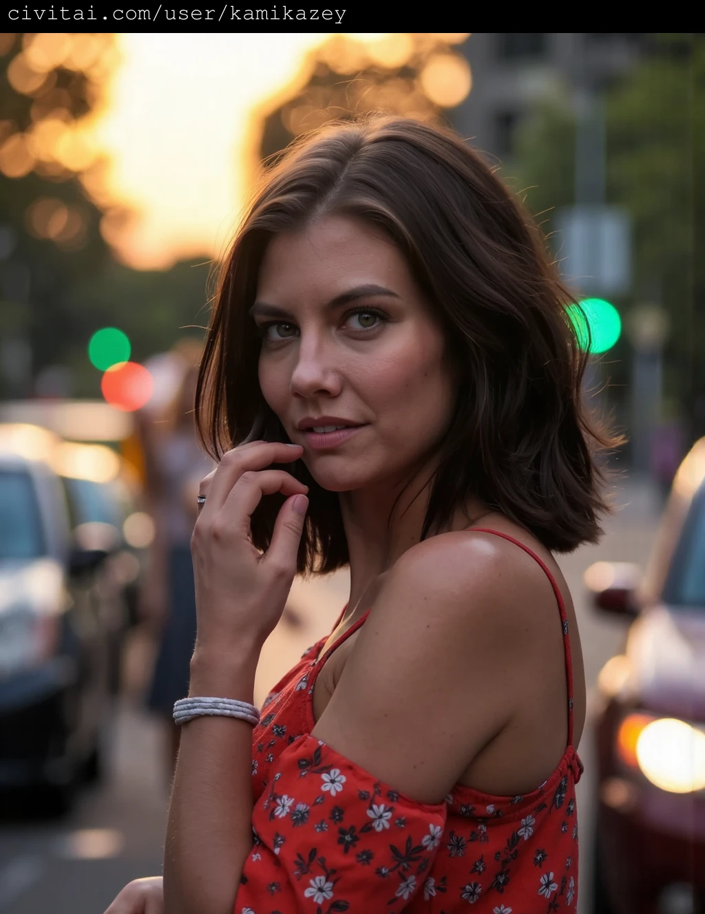 A high-resolution, color image capturing lauren_cohan standing on a city street during golden hour, the magical time just before sunset or after sunrise when the sky is bathed in warm hues. The subject is lauren_cohan with long, dark brown hair and a light olive skin tone, possibly of Mediterranean descent. She has a slender build and wears a sleeveless, off-the-shoulder top in a vibrant red color adorned with small white and black floral patterns. Her expression is contemplative, with her right index finger lightly touching her lips, adding a touch of intrigue to her gaze.
The background features a blurred cityscape with a mix of vehicles, including a black car on the left and a red car on the right, both in motion. The street is lined with trees, and buildings are faintly visible in the distance. The overall effect is a bokeh-style image, with the lights from the vehicles and street lamps creating a dreamy, out-of-focus background that enhances the subject's sharp focus. The photograph exudes a sense of modern, urban coolness with a touch of romanticism, utilizing the golden hour's warm tones to add a soft, ethereal quality to the image.