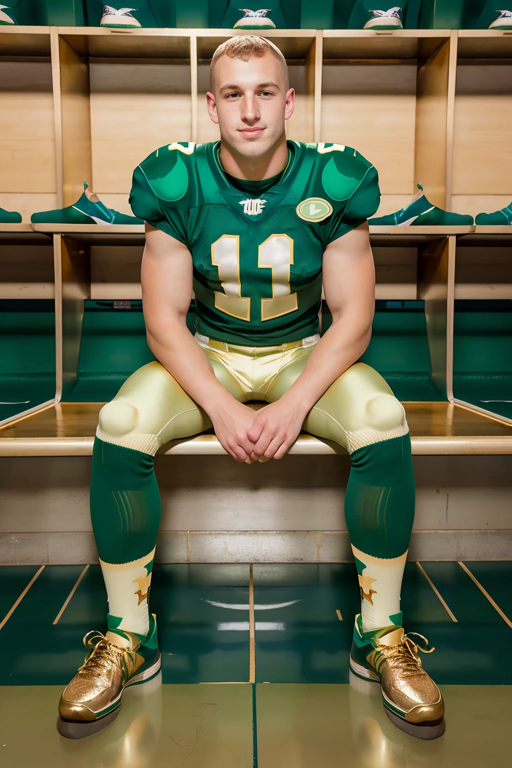 locker room, sitting on a bench, in front of lockers, smiling, JoshLavery is a (American football player) wearing (football uniform:1.3), (green jersey:1.3), (green shoulder pads), jersey number 11, (pale gold football pants:1.4), (green socks:1.4), long socks, (sneakers:1.4), (((full body portrait))), wide angle <lora:JoshLavery:0.8>