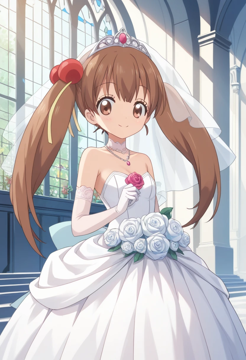 score_9, score_8_up, score_7_up, score_6_up, score_5_up, BREAK
jpairi, twintails, brown hair, hair ornament, hair bobbles, long hair, wedding dress, wedding veil, church, smile