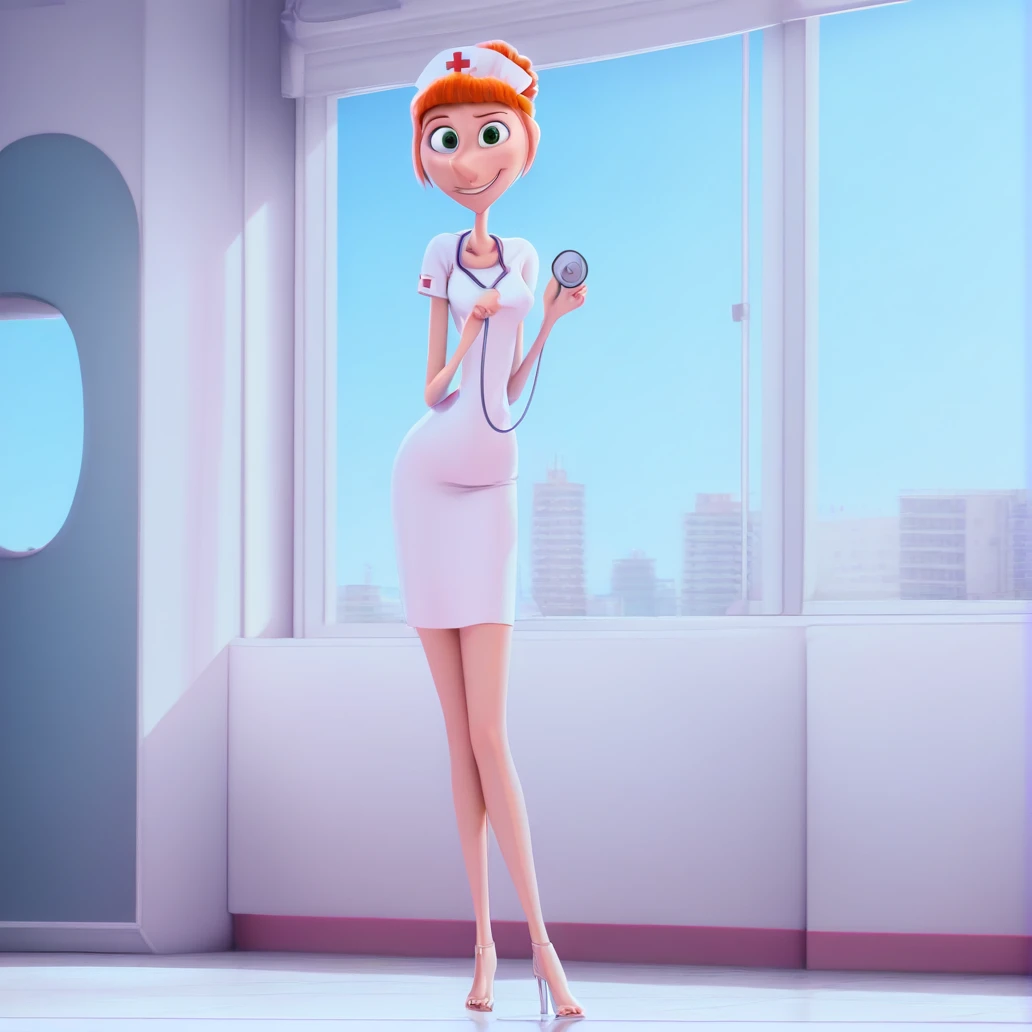 <lora:Lucy_Wilde:1>, Lucy Wilde, 1girl, solo, indoors, hospital, window, sky, smile, city, orange hair, green eyes, single hair bun, short sleeves, skirt, high heels, short white dress, stethoscope, nurse, nurse cap, red cross, photogenic, looking at viewer, (((masterpiece,best quality,newest,absurdres,highres)))