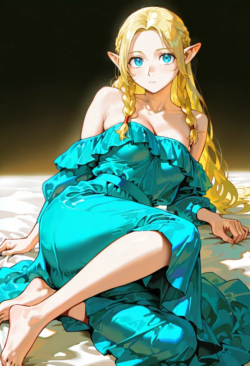 1girl,solo,looking at viewer, echo (circa),tbta dress, bare shoulders, blue dress, barefoot, marcille_donato