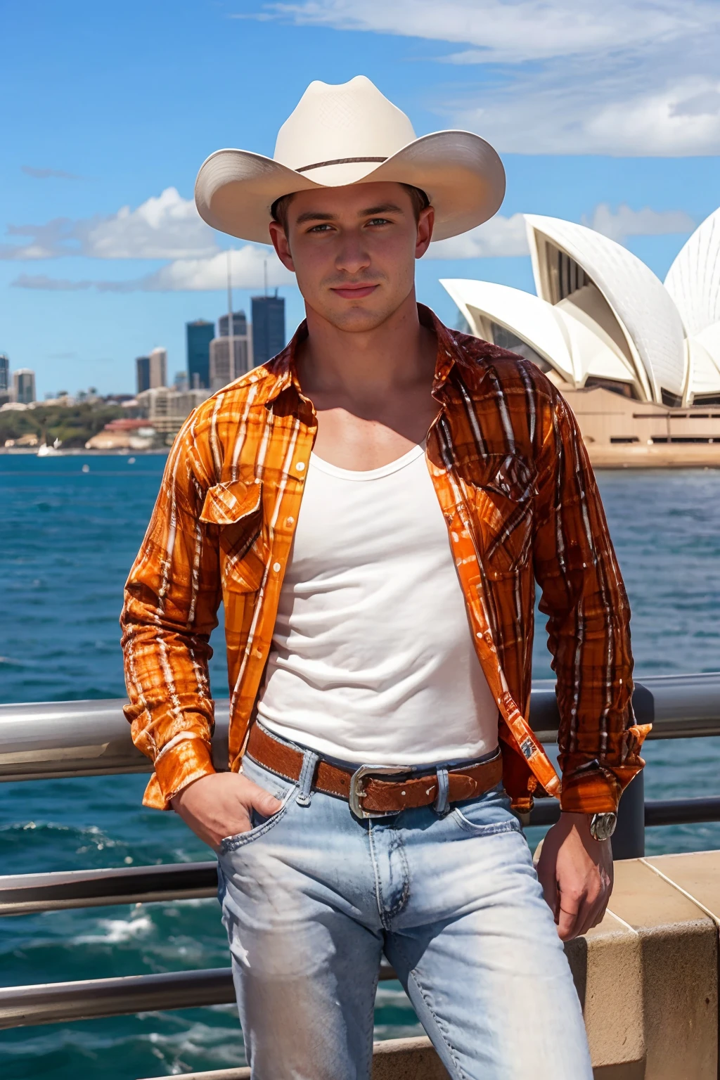 Sydney harbor, Syndey Opera House in the background, JoshLavery, slight smile, sexycowboy, cowboy hat, (white undershirt), orange red plaid shirt, (open shirt), denim blue jeans, belt, silver belt buckle, thumbs in pockets,, (((medium body portrait))),  <lora:Clothing - Sexy Cowboy:0.35>  <lora:JoshLavery:0.8>