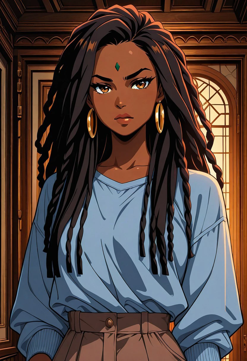 masterpiece, best quality, newest, absurdres, highres,  anime, anime style 1girl, IllustratedafricanfemaleV1.5, dark-skinned female, african female, african, DredlocksIL-V1.5, dredlocks