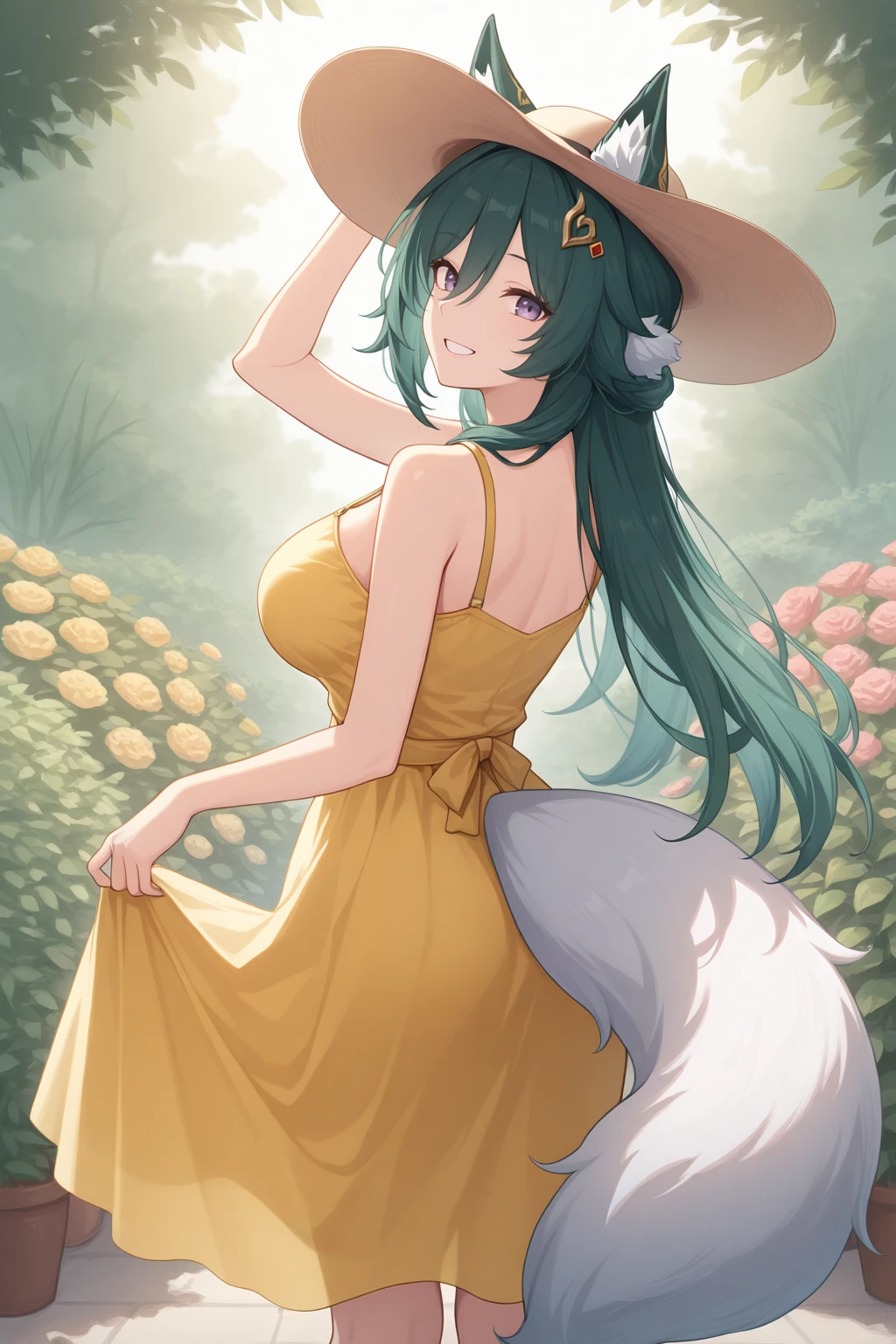 masterpiece, best quality, from behind, looking back, looking at viewer, smile, teeth, 1girl, ykng, fox ears, fox tail, green hair, hair between eyes, purple eyes, large breasts, hair ornament, sun hat, yellow sundress, adjusting headwear, skirt hold, outdoors, garden, sunlight, <lora:Hoseki_HonkaiStarRail_Yukong_IllustriousXL_v1:1>