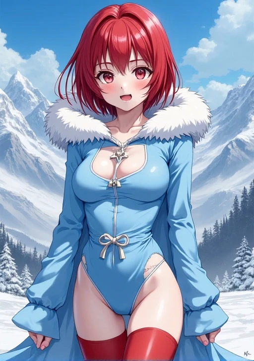 <lora:ponygirlbody:1>,pgbv1,anime,sexy girl,tight,narrow waist,A red-haired girl with ahegao's face moans with excitement,A girl in a blue snow maiden costume on a background of glaciers and snow,a winter suit with cutouts,red thongs,red stockings,front view,