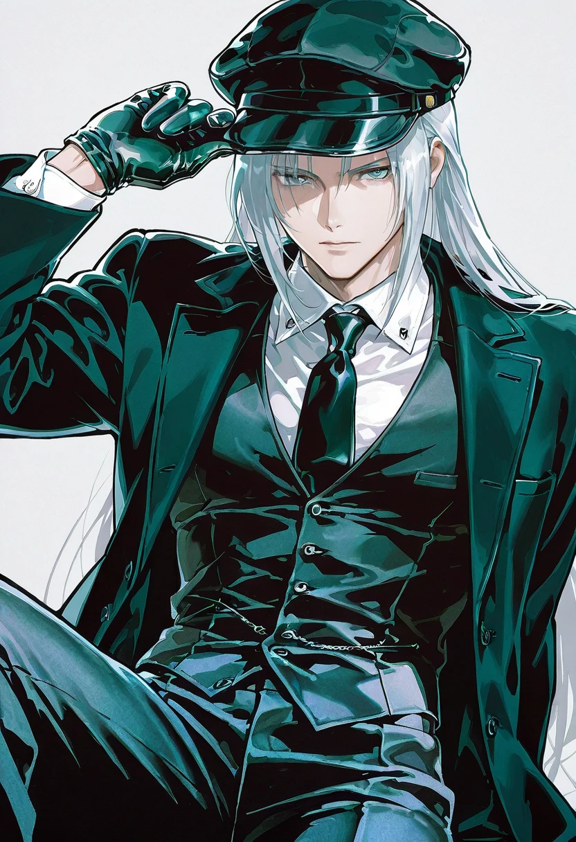 1boy,male focus,solo,looking at viewer, ikeda ruriko,pb clothing, hat, black necktie, black gloves, vest, black coat, white shirt, pants, collared shirt, suit, sephiroth