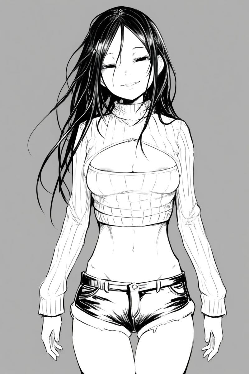 masterpiece, best quality, amazing quality,
 <lora:DisorderIL:1> disorder, 1girl, greyscale, monochrome, solo, long hair, shorts, breasts, short shorts, grey background, simple background, open-chest sweater, midriff, thigh gap, saggy breast, smile, skinny