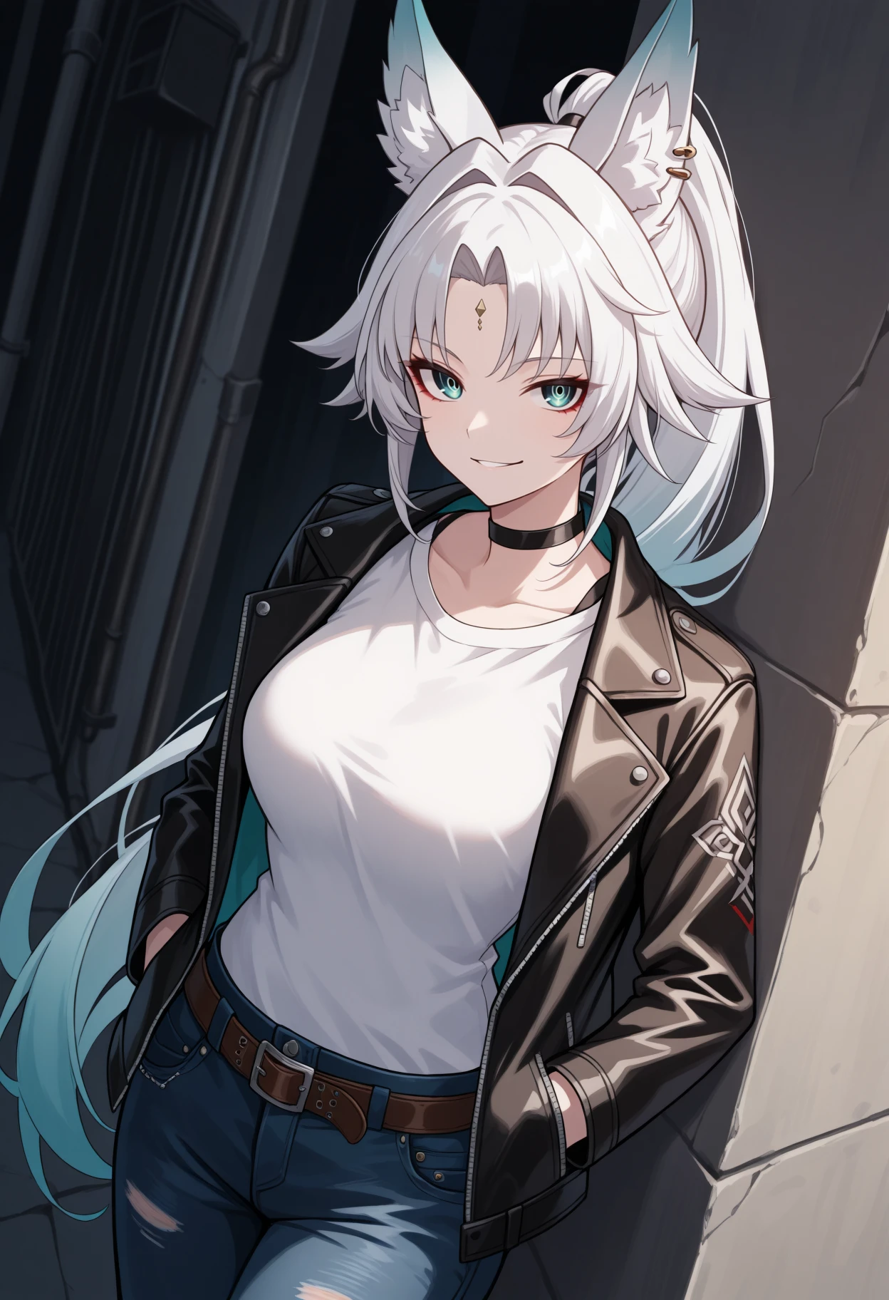 masterpiece, best quality, 1girl, solo, Fe1x10, animal ears, long hair, ponytail, multicolored hair, white hair, red eyeliner, ringed eyes, forehead mark, ear piercing, black choker, leather jacket, open jacket, white shirt, t-shirt, belt, jeans, leaning against wall, outdoors, alley, looking at viewer, hands in pockets, smirk, dutch angle, <lora:ChamFeixiaoIllustriousXL:1>