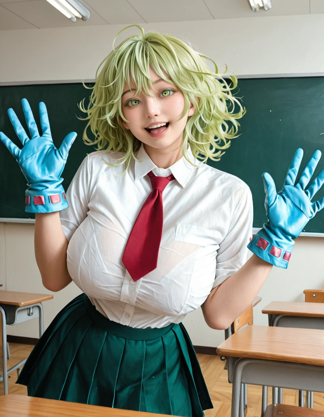 masterpiece, best quality, very aesthetic, highres, absurdres,1girl,   <lora:realistic filter [IL]:.9> realistic, <lora:tooru-illust:1>,<lora:tooru-illust:1>, tooru, green hair, short hair, curly hair, green eyes, school uniform, white shirt, red tie, green skirt, pleated skirt, blue gloves, open mouth, smiling, standing, in a classroom, huge breasts,