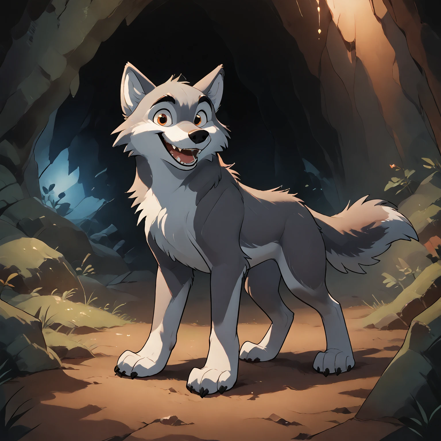 source_9, Source_8_up, Source_7_up, Source_6_up, cartoon animation, 1wolf, solo, friendly young wolf pup character, adventurous smile, in a cave, vibrant colors, <lora:Animated_Cartoon:0.8> 4n1m4710n_c4rt00n, <lora:pony_pony_2_adamW:0.8>