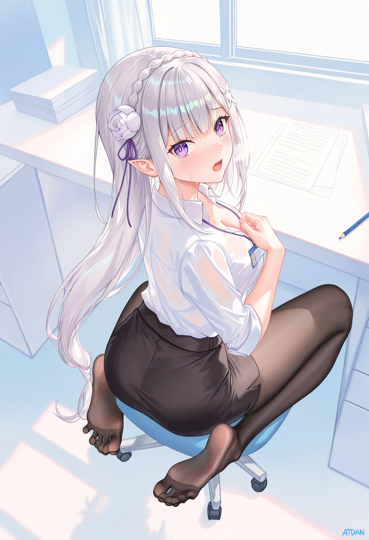 1girl, solo,
emilia \(re:zero\), office lady, from above, looking at viewer, looking up, from behind, office, office chair,
cleavage, name tag, see-through, sweat, heavy breathing, covering privates, orgasm, indoors, white room, pencil skirt, desk, miniskirt,
<lora:shiPantyhoseV1ill:1.0>,shiblkhose, black pantyhose, fine fabric emphasis, shispreadtoes, spread toes,
masterpiece, best quality, newest, absurdres, highres, anime screencap, pastel colors, detailed outline,
artist:atdan, chromatic aberration, high contrast, color contrast, anime screencap, anime coloring,