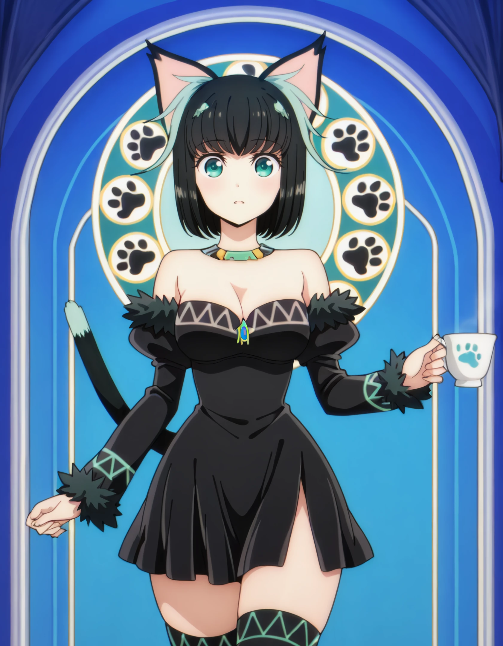 (yaegashi_nan), <lora:tama_il:1> , short_hair, black_hair, cat_ears, green_eyes, tamablack, black_dress_ black_thighhighs, (1girl, solo), 1girl, blue_background, blue_theme, cup, holding, holding_cup, looking_at_viewer, solo, art_nouveau, changing_room, Handprint, masterpiece, detailed, best_quality