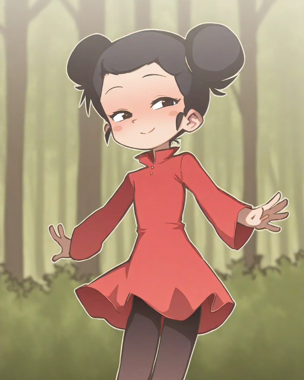 masterpiece, best quality, orenji, , 1girl, solo, pucca, red dress, black pantyhose, smile, blush, outstretched arms, looking away, standing, upper body, forest