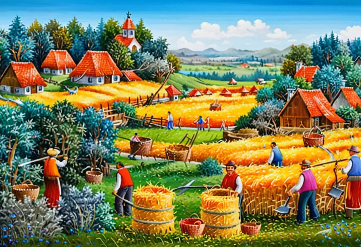 dr4g4n, style of dr4g4n,,A colorful and vibrant naÃ¯ve art painting of several men harvesting hay in a wide-open field under a bright, sunny sky. The men are depicted with simplified, almost childlike features, wearing straw hats, plain shirts, and pants, each holding tools like scythes or pitchforks. The golden hay, green grass, and blue sky are rendered in bold, saturated colors with minimal shading. In the background, a wooden cart piled high with hay is pulled by oxen, while small cottages and trees dot the horizon. The composition is lively and cheerful, with exaggerated proportions and a playful sense of perspective that emphasizes the rural sceneâs warmth and simplicity. <lora:dr4g4n:1>, Masterpiece,best quality,hi res,8k,hi res,8k,award winning,(sharp focus, intricate, highly detailed),