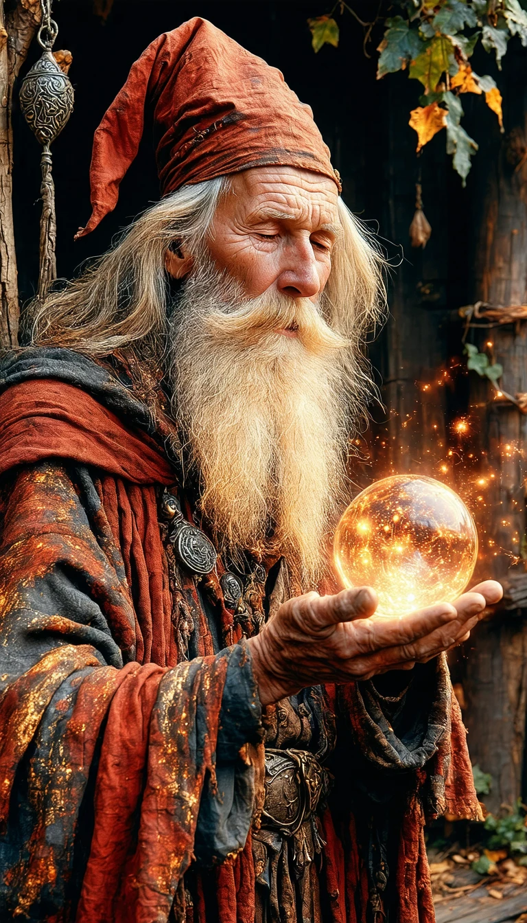 In the image, an elderly wizard with a long white beard and a red hat is the central figure. The wizard is holding a glowing orb in his right hand, which is emitting a warm, orange light. The wizard is dressed in a robe of red and gold, and his eyes are closed, suggesting a moment of deep concentration. The background is dark, with a hint of a forest visible in the distance. The image is taken from a low angle, looking up at the wizard, which gives him a sense of grandeur and importance.