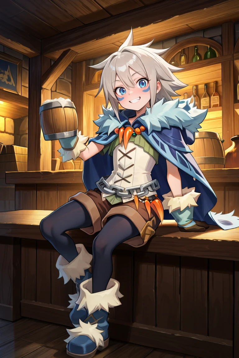 masterpiece, very aesthetic, absurdres, best quality, amazing quality, high resolution, <lora:illustrious_quality_modifiers_masterpieces_v1:0.8> , <lora:ChamIllustriousBackgroundEnhancer:0.5>, <lora:MilanorIL:0.8> , miladef, adult male, 1boy, grey hair, spiked hair, blue eyes, blue facial mark, orange tooth necklace, fur trim, blue cloak, white corset, gloves, chain belt, brown shorts, leggings under shorts, black leggings, blue footwear, smile, sitting, tavern, bar, interior, guild hall, looking at viewer, full body, holding ale,