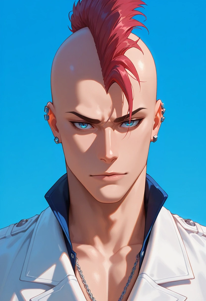 masterpiece, best quality, intricate details, (realistic:0.6), looking at viewer, , 1boy, solo, male focus, <lora:bazzard_black_ilxl:0.98>, bazzard_black, red hair, blue eyes, short hair, mohawk, earrings, , ,