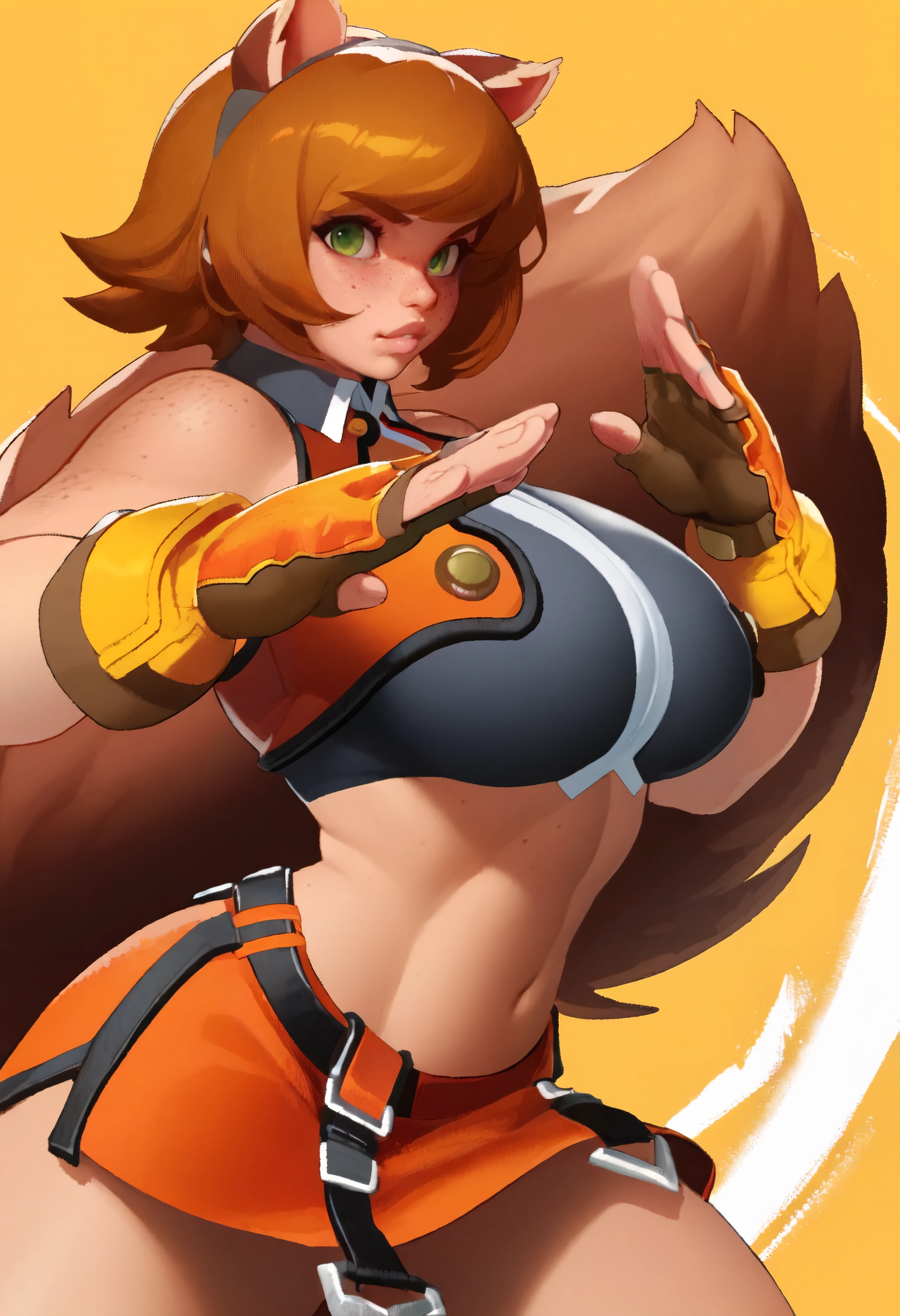 masterpiece, best quality, very aesthetic, 1girl, sqgrl, short hair,brown hair, squirrel tail, freckles, body freckles, animal ears,green eyes, curvy, large breasts,alternate costume,cosplay,(makoto nanaya \(cosplay\):0.6),blazblue,crop top,skirt,gloves,fighting stance,lips,looking at viewer <lora:sqgrl_n11:1> <lora:ickp_n11:1>