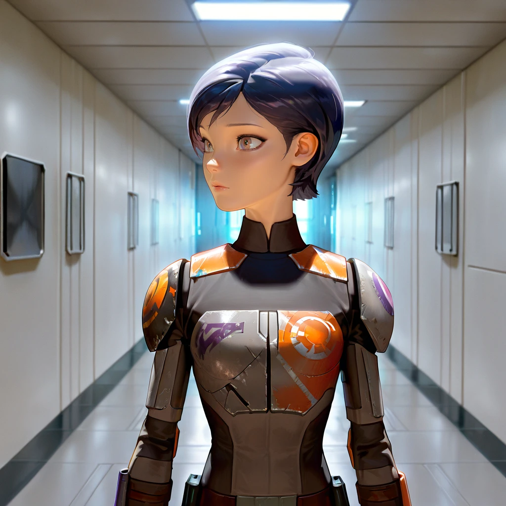 masterpiece, 1440p, 8k, UHD, amazing quality, high resolution, <lora:Sabine_Wren_Illustrious:1> sabine-wren, sw-rebels, 1girl, solo, black hair, short hair, upper body, star wars, indoors, scenery, hallway, science fiction, light, wall panel, wall lighting, gray walls, black floor, reflective