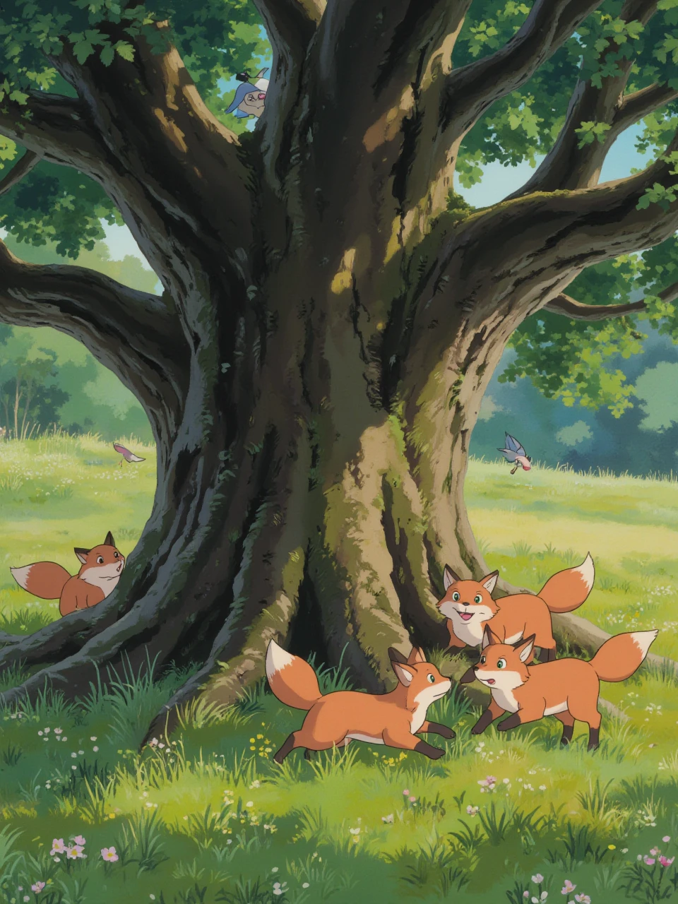 A family of foxes with red-orange fur and bright green eyes are playing near the base of an ancient oak tree. The tree is surrounded by vibrant green grass, and small flowers dot the landscape. The light is soft and golden, indicating late morning. The foxes dart around playfully, while birds sing from the tree branches.