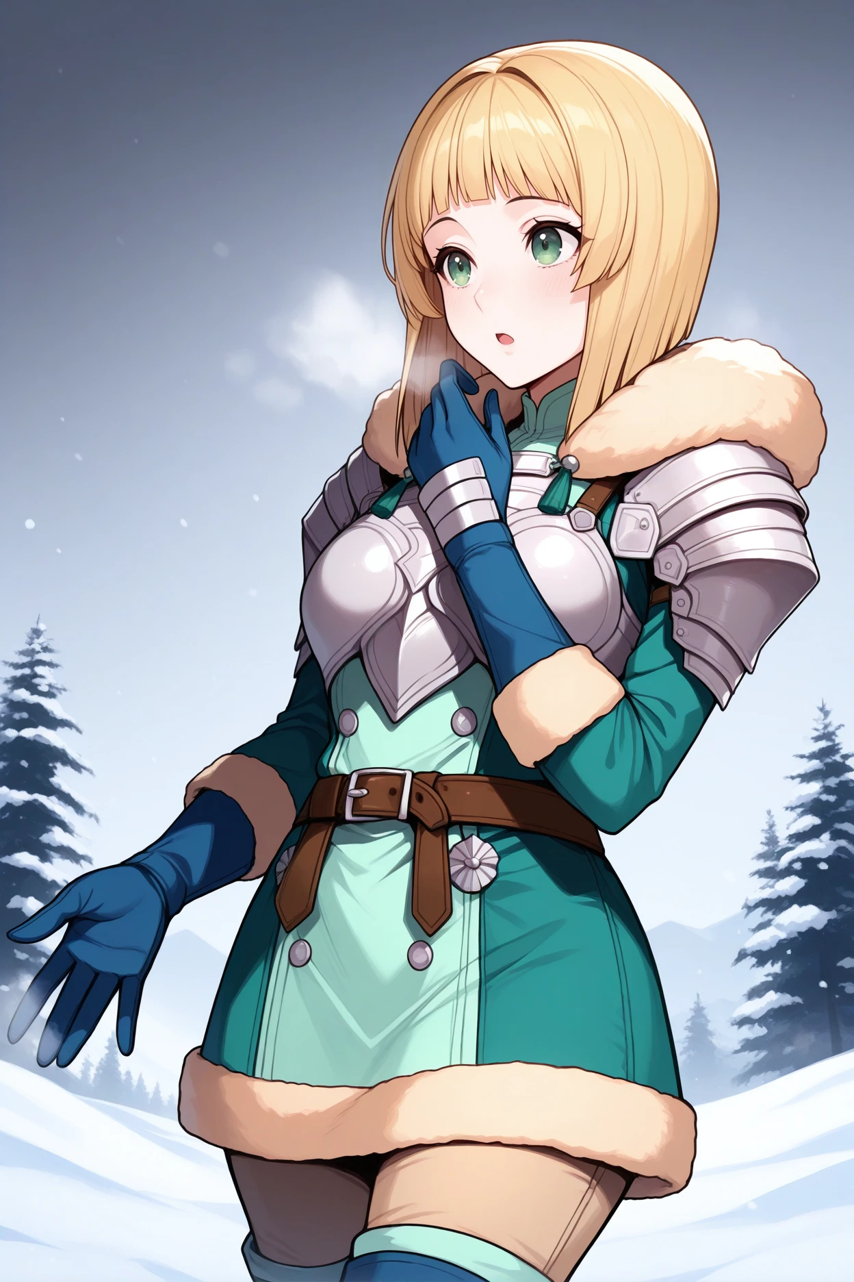 masterpiece, best quality, 1girl, solo, <lora:feingrid-illu-nvwls-v1-000005:1> 3hopesing, blonde hair, bob cut, medium hair, green eyes, blunt bangs, fur trim, shoulder armor, breastplate, green dress, belt, short dress, long sleeves, brown pants, aqua thigh boots, blue gloves, winter, snow, upper body, heavy breathing, chestnut mouth, cold, blizzard, grey sky