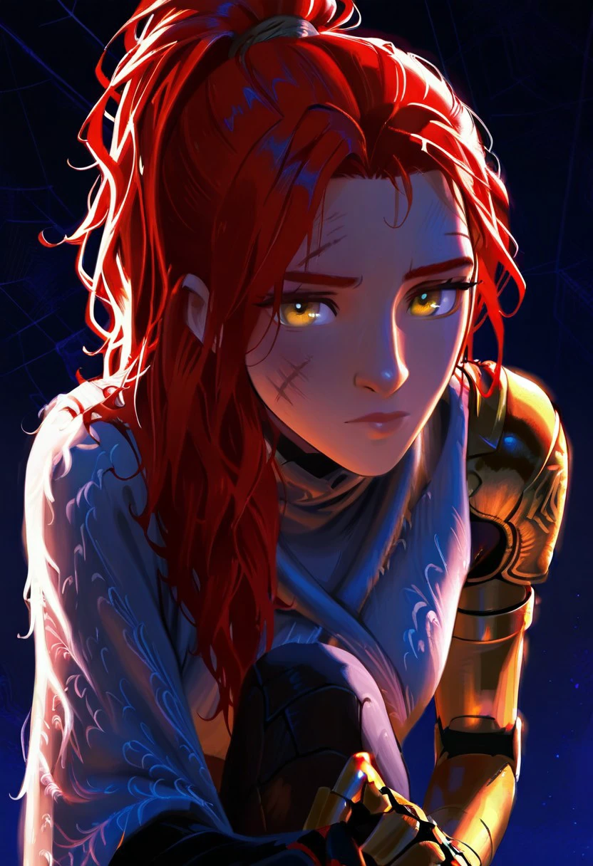 masterpiece, best quality, newest, absurdres, highres, SpiderversestyleIL-V1.0, 1girl, millicent \(elden ring\), yellow eyes, red hair, long hair, ponytail, scar, prosthetic arm, single mechanical arm