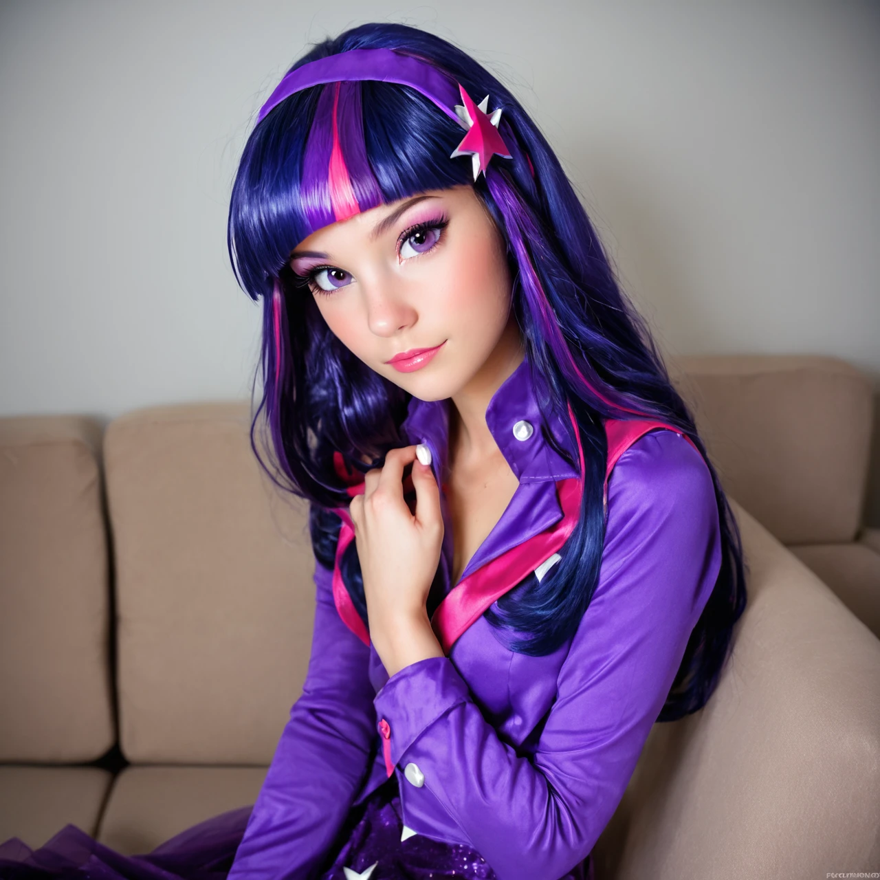 safe_pos, score_9, score_8_up, score_7_up, Twi in costume, 1girl, purple hair, cuitie face, beautiful purple eyes, photorealism, sexy sitting on couch