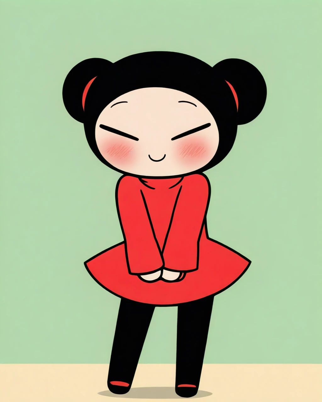 masterpiece, best quality, chibi, 1girl, solo, pucca, red dress, black pantyhose, happy, blush, v arms, looking away, standing, full body, village